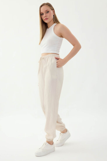 Beli ve Paçası Lastikli Çizgi Desen Şalvar Pantolon - 19