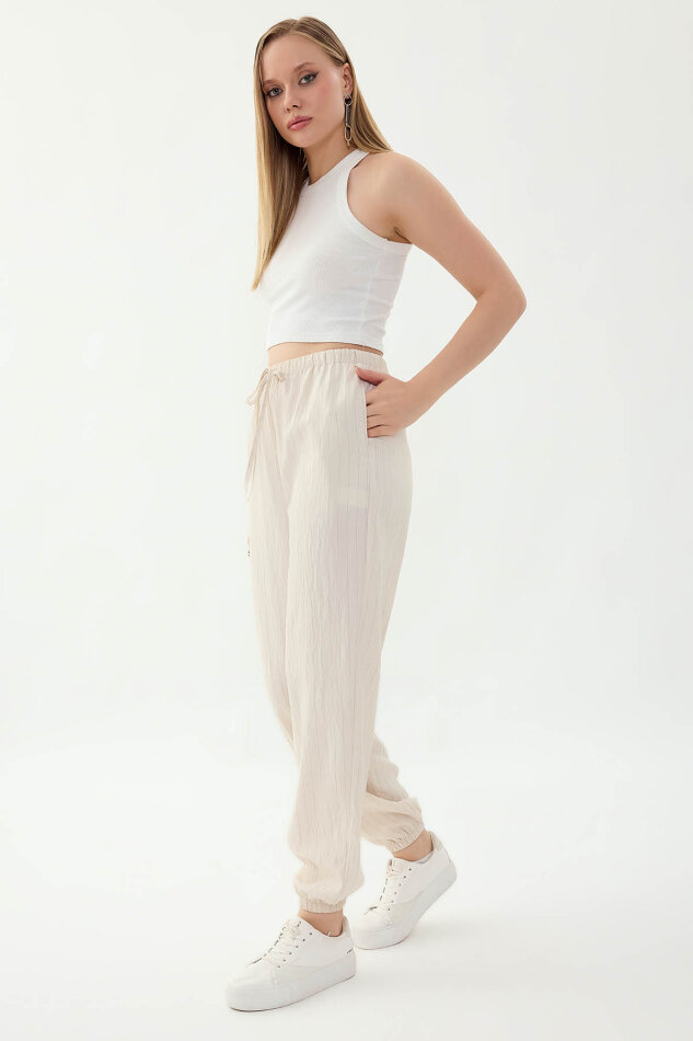 Beli ve Paçası Lastikli Çizgi Desen Şalvar Pantolon - 19