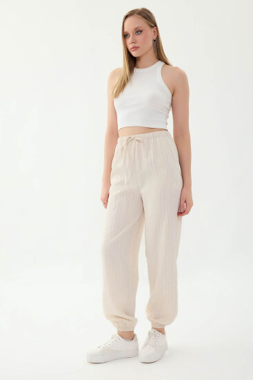 Beli ve Paçası Lastikli Çizgi Desen Şalvar Pantolon - 20