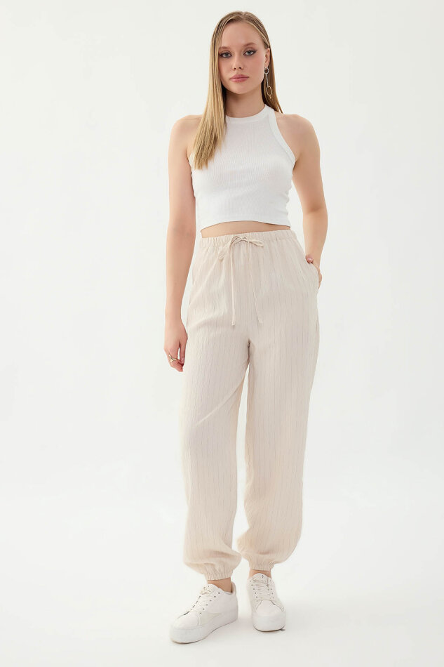 Beli ve Paçası Lastikli Çizgi Desen Şalvar Pantolon - 18