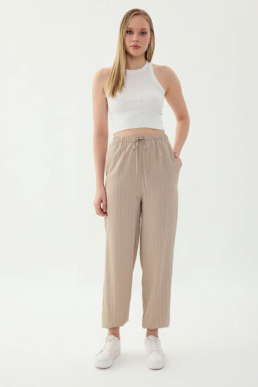 Beli ve Paçası Lastikli Çizgi Desen Şalvar Pantolon - 23