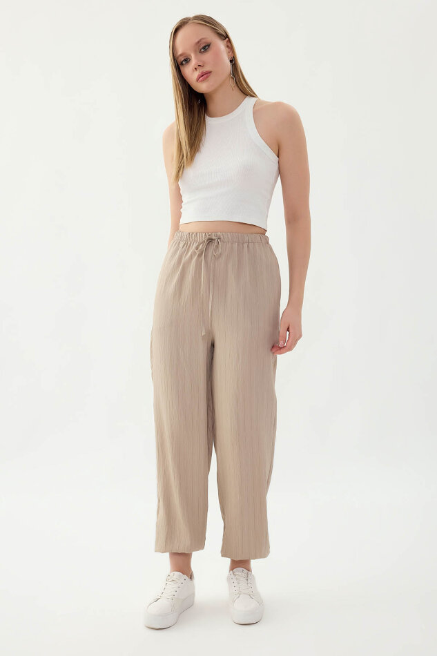 Beli ve Paçası Lastikli Çizgi Desen Şalvar Pantolon - 24