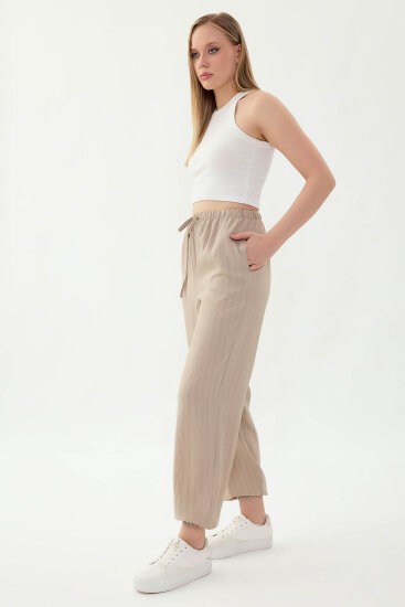 Beli ve Paçası Lastikli Çizgi Desen Şalvar Pantolon - 26