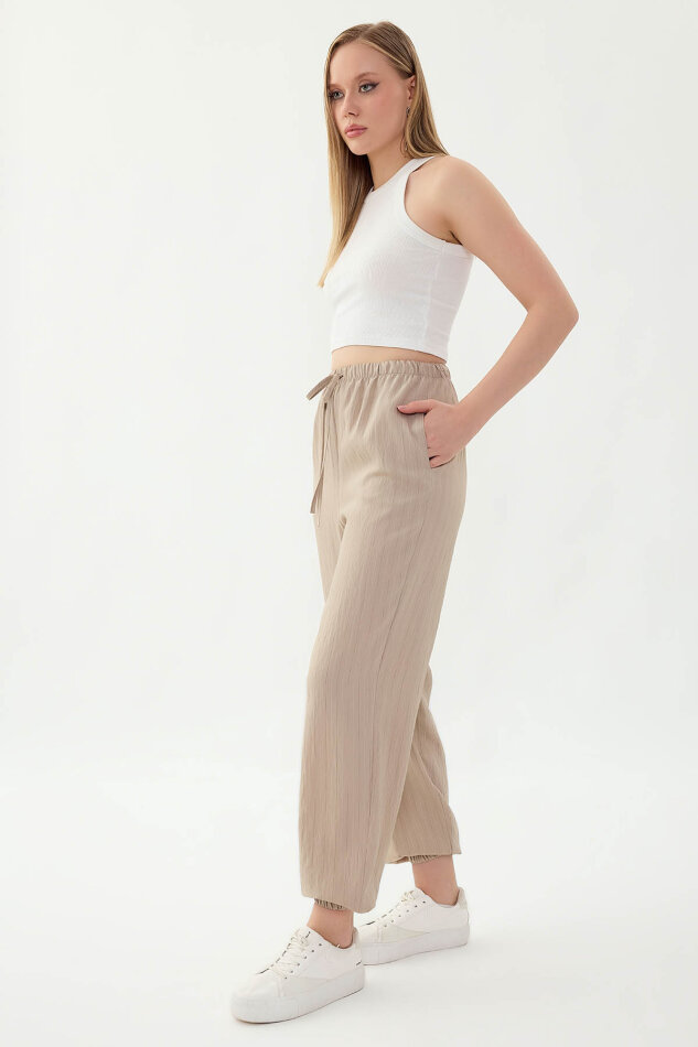 Beli ve Paçası Lastikli Çizgi Desen Şalvar Pantolon - 26