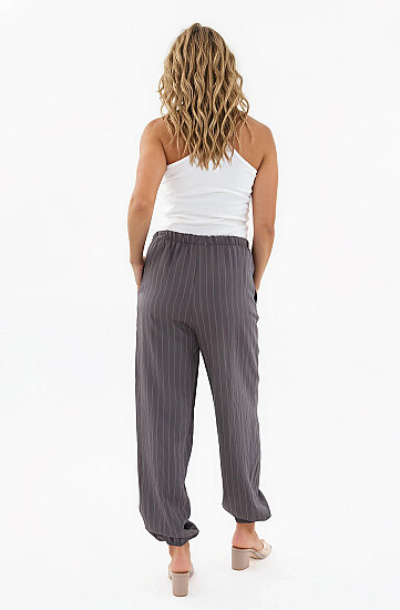 Beli ve Paçası Lastikli Çizgi Desen Şalvar Pantolon - 32
