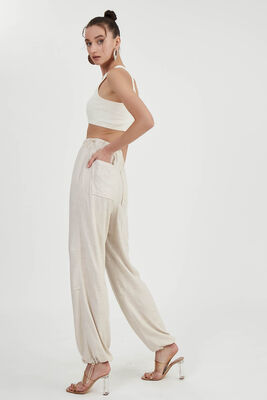 Beli Ve Paçası Lastikli Viskon Keten Pantolon - 27