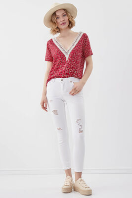 Beyaz Yırtık Skinny Denim Pantolon