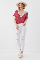 Beyaz Yırtık Skinny Denim Pantolon - 3