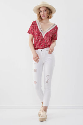 Beyaz Yırtık Skinny Denim Pantolon - 3