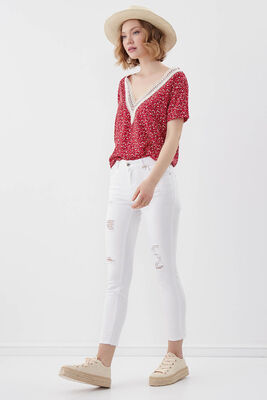 Beyaz Yırtık Skinny Denim Pantolon - 4