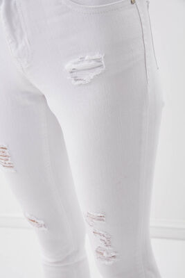 Beyaz Yırtık Skinny Denim Pantolon (1)