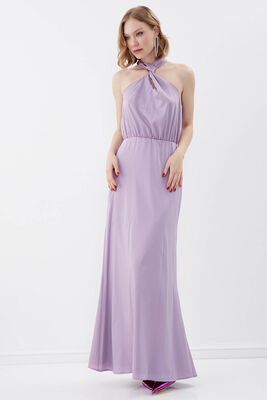 Boyundan Bağlamalı Astarlı Uzun Elbise - 3