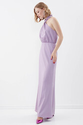 Boyundan Bağlamalı Astarlı Uzun Elbise - 4