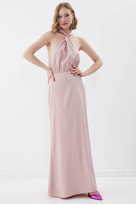 Boyundan Bağlamalı Astarlı Uzun Elbise - 6