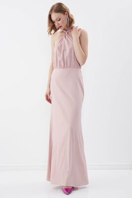 Boyundan Bağlamalı Astarlı Uzun Elbise - 8