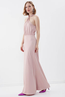 Boyundan Bağlamalı Astarlı Uzun Elbise - 9