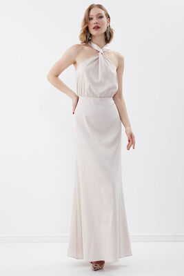 Boyundan Bağlamalı Astarlı Uzun Elbise - 11