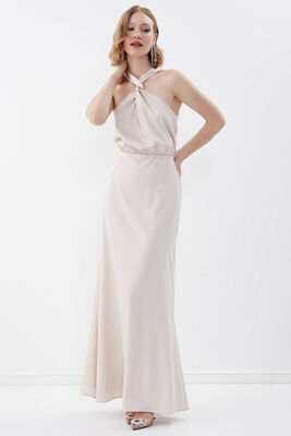 Boyundan Bağlamalı Astarlı Uzun Elbise - 13