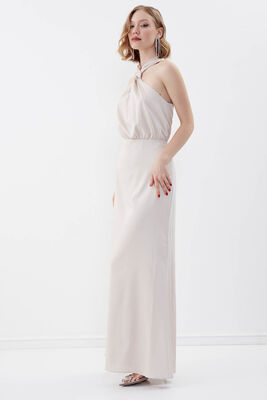 Boyundan Bağlamalı Astarlı Uzun Elbise - 14