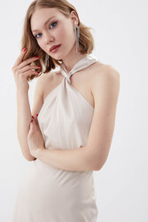 Boyundan Bağlamalı Astarlı Uzun Elbise - 15