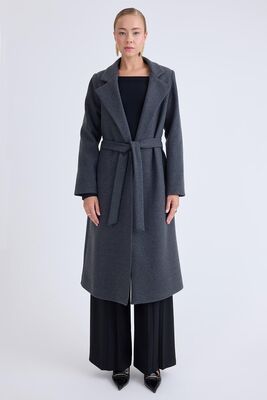 Ceket Yaka Kuşaklı Kaşe Kaban - Thumbnail (8)