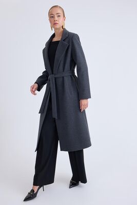 Ceket Yaka Kuşaklı Kaşe Kaban - Thumbnail (9)