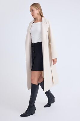 Ceket Yaka Kuşaklı Kaşe Kaban - Thumbnail (11)