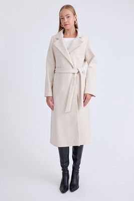 Ceket Yaka Kuşaklı Kaşe Kaban - Thumbnail (12)