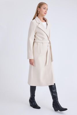 Ceket Yaka Kuşaklı Kaşe Kaban - Thumbnail (13)