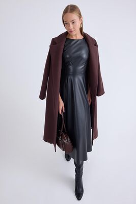 Ceket Yaka Kuşaklı Kaşe Kaban - Thumbnail (16)