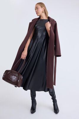 Ceket Yaka Kuşaklı Kaşe Kaban - Thumbnail (17)