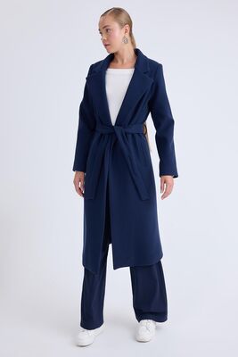 Ceket Yaka Kuşaklı Kaşe Kaban - Thumbnail (2)