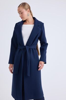 Ceket Yaka Kuşaklı Kaşe Kaban - Thumbnail (3)