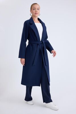 Ceket Yaka Kuşaklı Kaşe Kaban - Thumbnail (4)