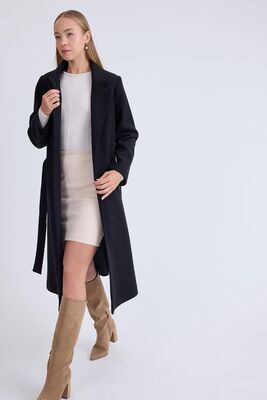 Ceket Yaka Kuşaklı Kaşe Kaban - Thumbnail (21)