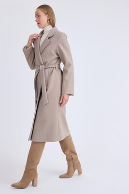 Ceket Yaka Kuşaklı Kaşe Kaban - Thumbnail (29)