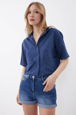 Cep Detaylı Kısa Kol Crop Gömlek