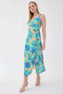 Çiçek Desen Önü Büzgülü Elbise (1)