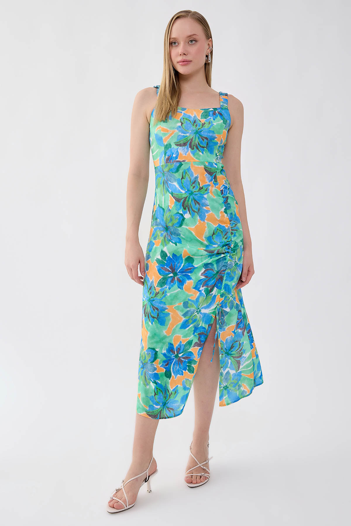 Çiçek Desen Önü Büzgülü Elbise - Thumbnail