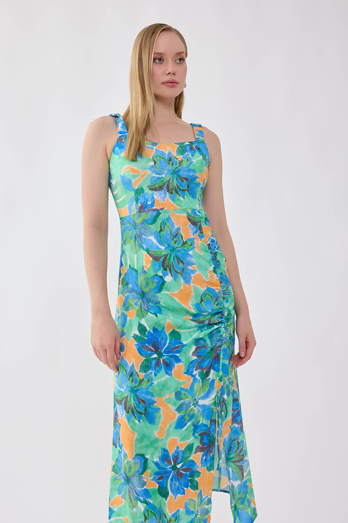 Çiçek Desen Önü Büzgülü Elbise - Thumbnail