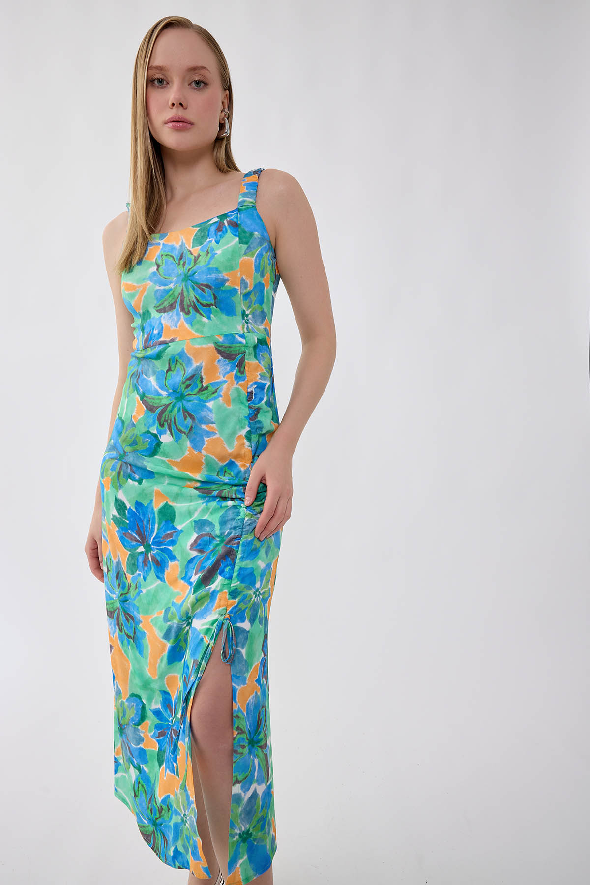 Çiçek Desen Önü Büzgülü Elbise - Thumbnail