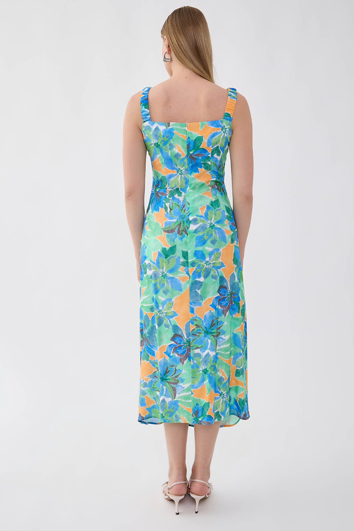 Çiçek Desen Önü Büzgülü Elbise - Thumbnail