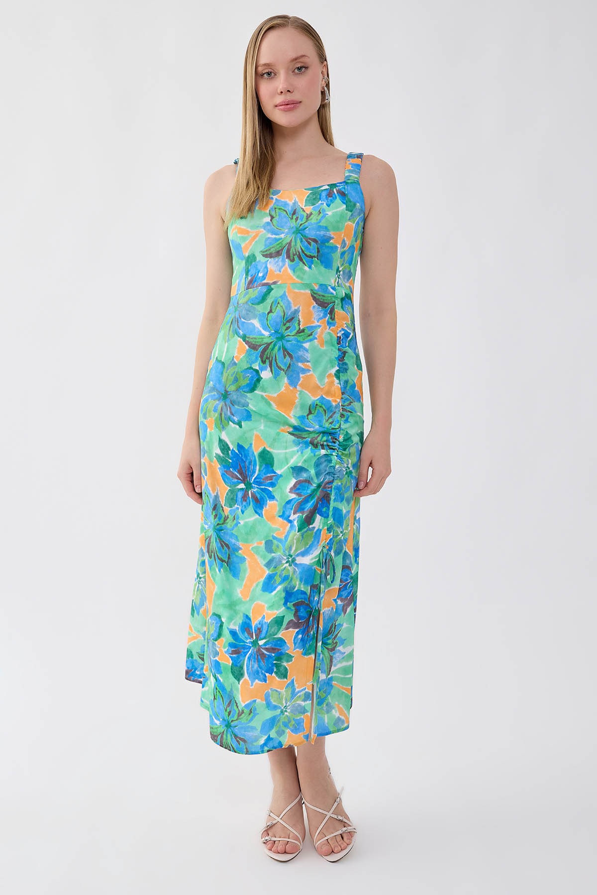 VİTRİN - Çiçek Desen Önü Büzgülü Elbise