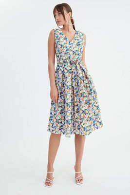 Çiçek Desen Pileli Midi Boy Elbise - 1