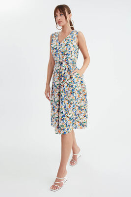 Çiçek Desen Pileli Midi Boy Elbise - 5