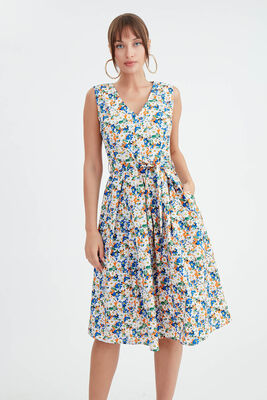 Çiçek Desen Pileli Midi Boy Elbise - 3