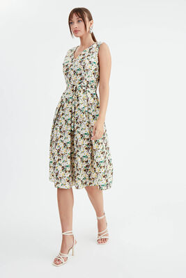 Çiçek Desen Pileli Midi Boy Elbise - 8