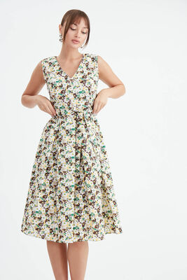 Çiçek Desen Pileli Midi Boy Elbise - 9