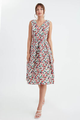 Çiçek Desen Pileli Midi Boy Elbise - 17