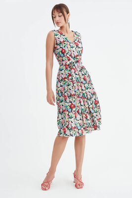 Çiçek Desen Pileli Midi Boy Elbise - 23